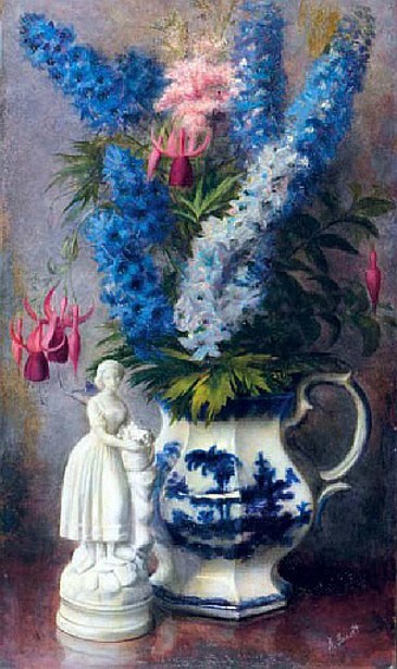 Still Life Of Flowers In A Blue And White Pitcher