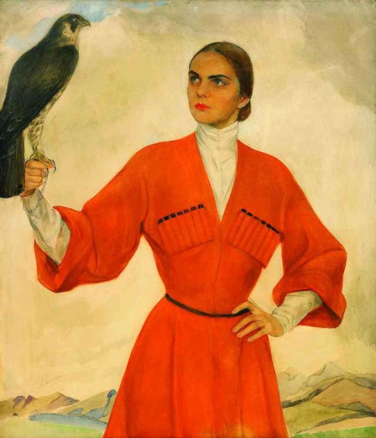 An Elegant Lady Dressed As A Cossack And Holding A Hunting Falcon
