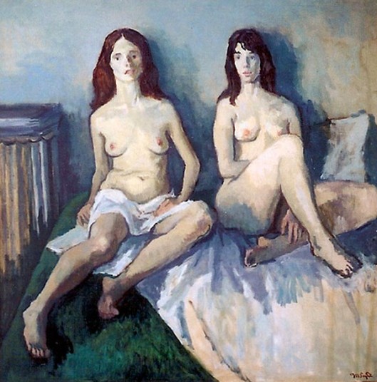 Two Female Nudes Sitting On A Bed