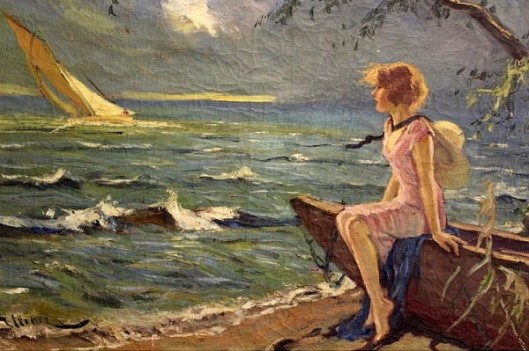 Girl On A Shoreline Watching A Sailing Boat