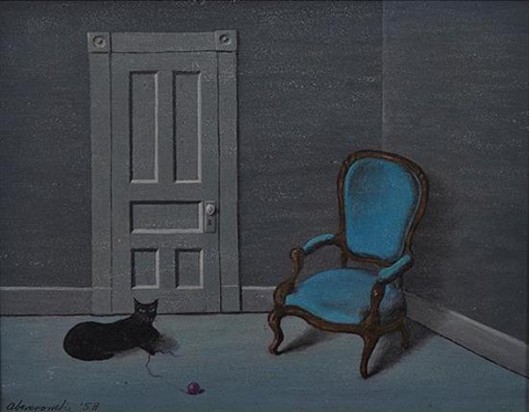 Black Cat, Door And Blue Chair